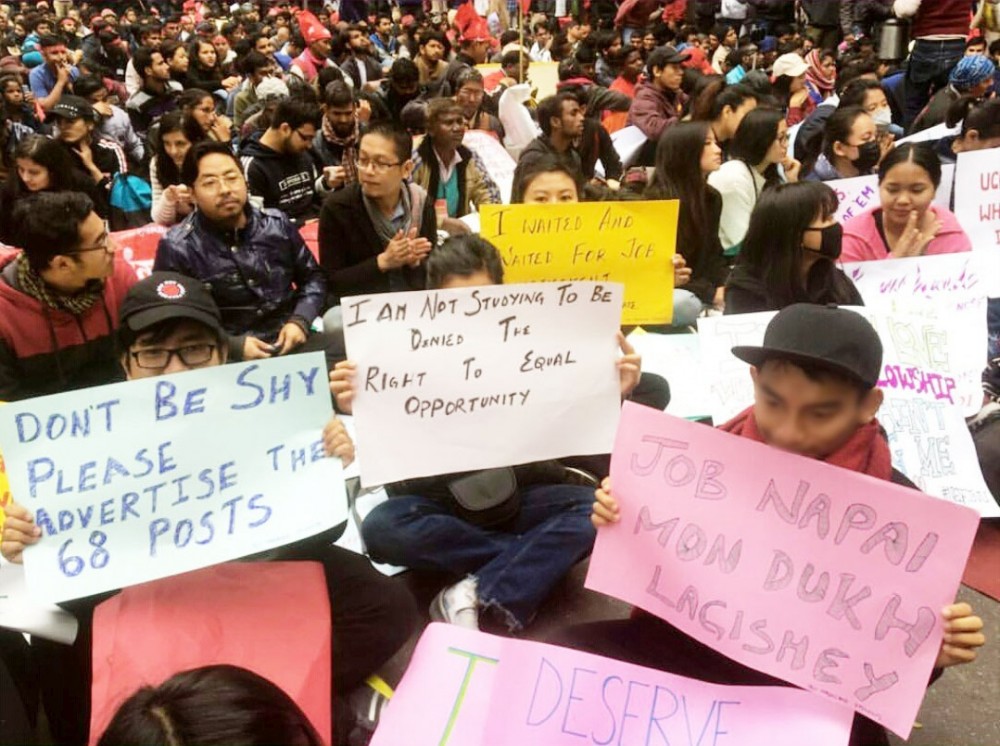 Naga students in Delhi at the 'Young India Adhikar March' in Delhi on February 7. The students demanded advertisement of the 68 assistant professor and librarian posts in the Department of Higher Education and to end 'corrupt mode' of recruitment. (Morung Photo by special arrangement)